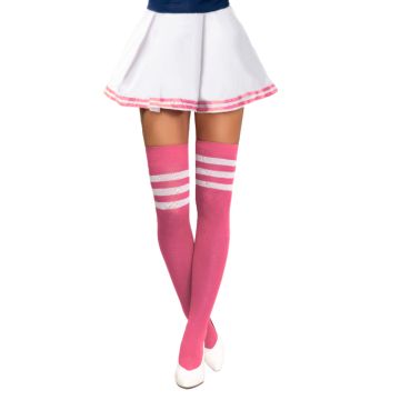 Cheerleader kniesokken one-size neon pink en wit
