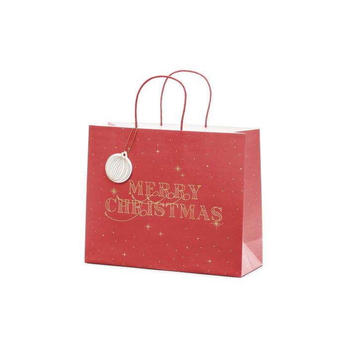 Rode kerstcadeauzak met gouden tekst - 32,5x26,5x11,5 cm