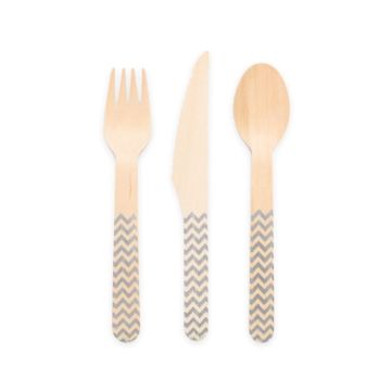 Houten bestek zilver patroon 18 delen - 16 cm