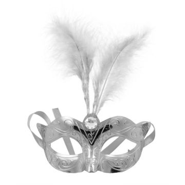 Venetiaanse zilveren masker met veren - 23x23 cm