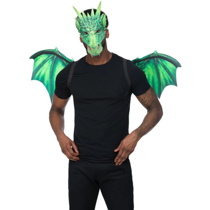 Groen draken kostuum inclusief vleugels en masker one-size