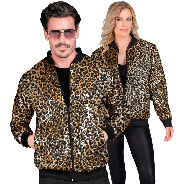 Pailletten bomberjack met leoprint in goud