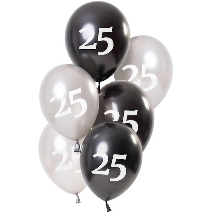 25 Jaar Ballonnen Metallic Zwart En Zilver 6x - 23 cm