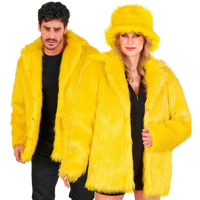 Gele faux fur jas voor een kleurrijk themafeest