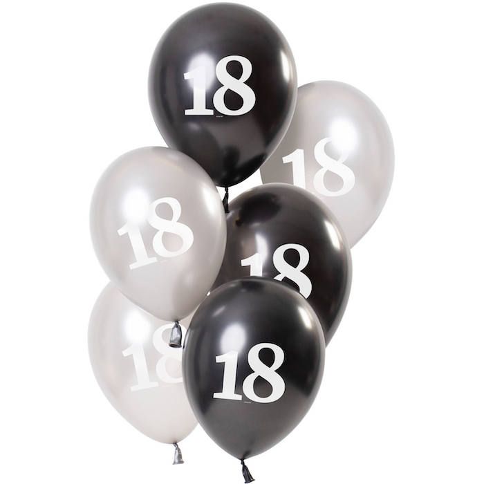 18 Jaar Ballonnen Metallic Zwart En Zilver 6x - 23 cm
