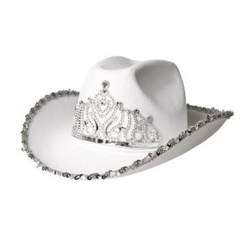 Witte glitter-cowboyhoed met glinsterende tiara 